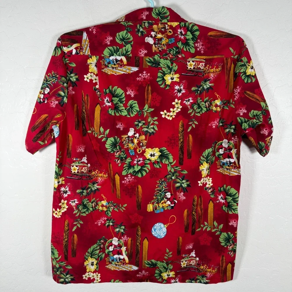 RJC Shirt Mens Medium Red Hawaiian Christmas Mele Kalikimaka Santa Floral Camp
